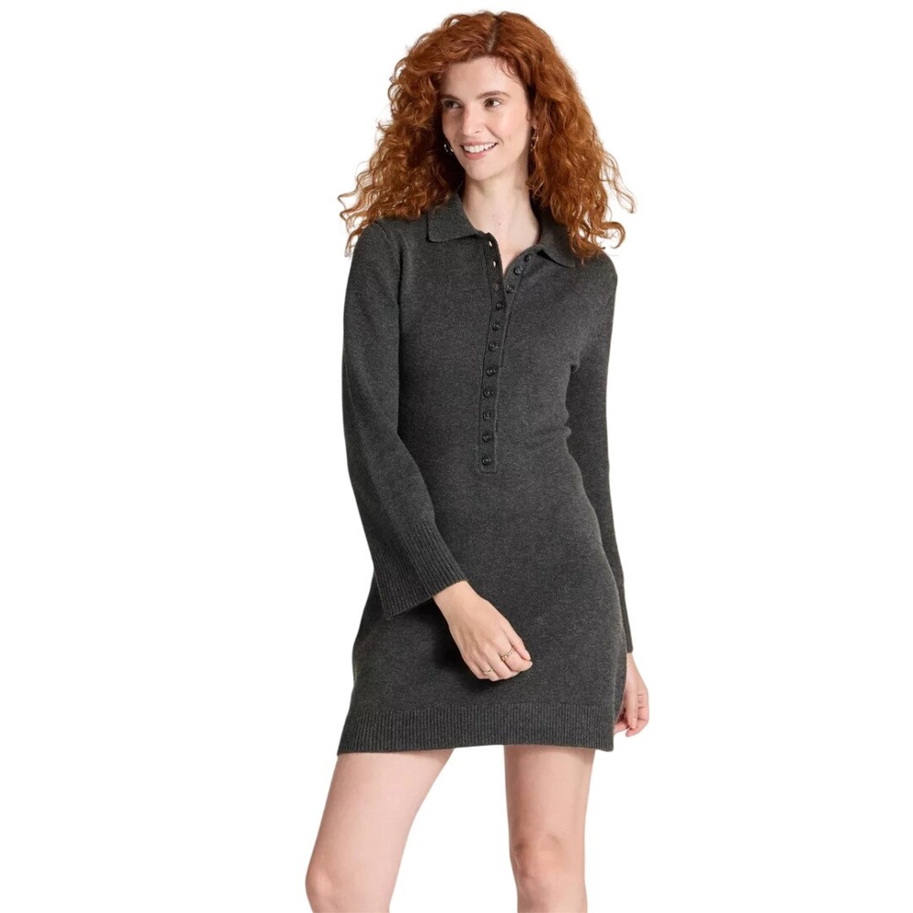 A New Day Women's Gray Long Sleeve Button Polo Sweater Dress Size XS